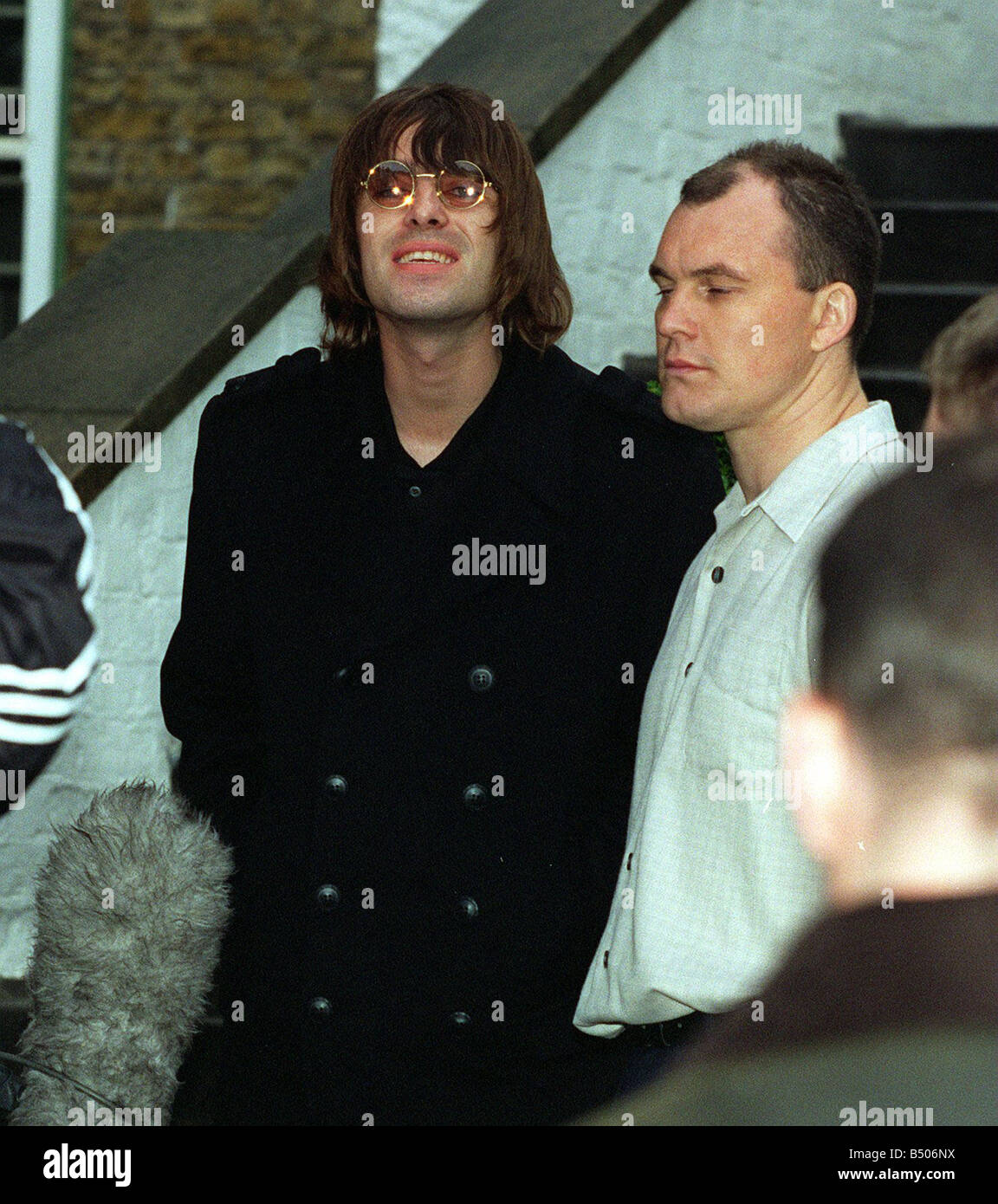 Liam Gallagher lead singer with the pop group Oasis leaves his St Johns Wood home for Heathrow Airport to catch a flight to Chicago to join the band on their US tour Stock Photo