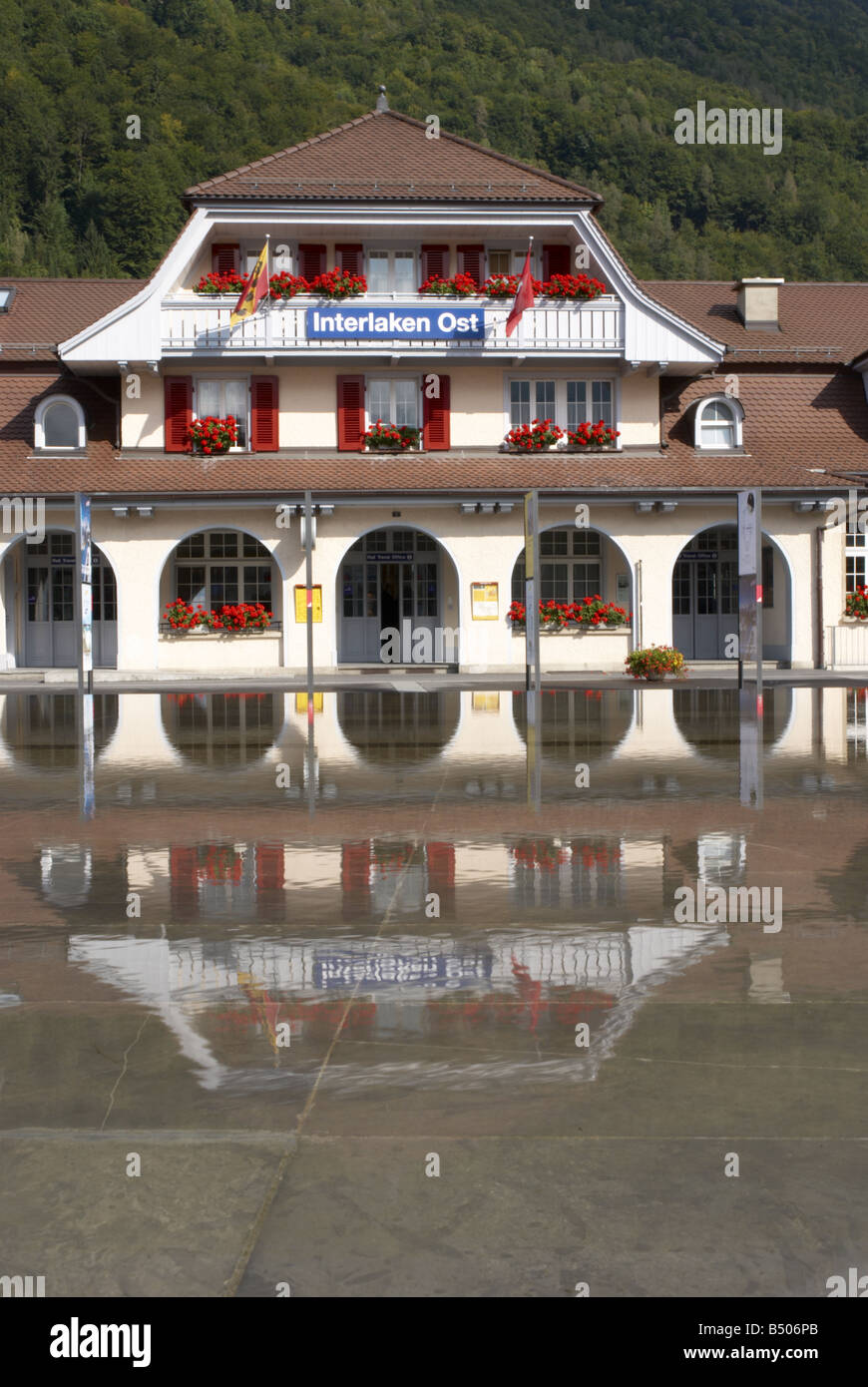 Reflections and Interlaken Ost Railway Station Switzerland Stock Photo