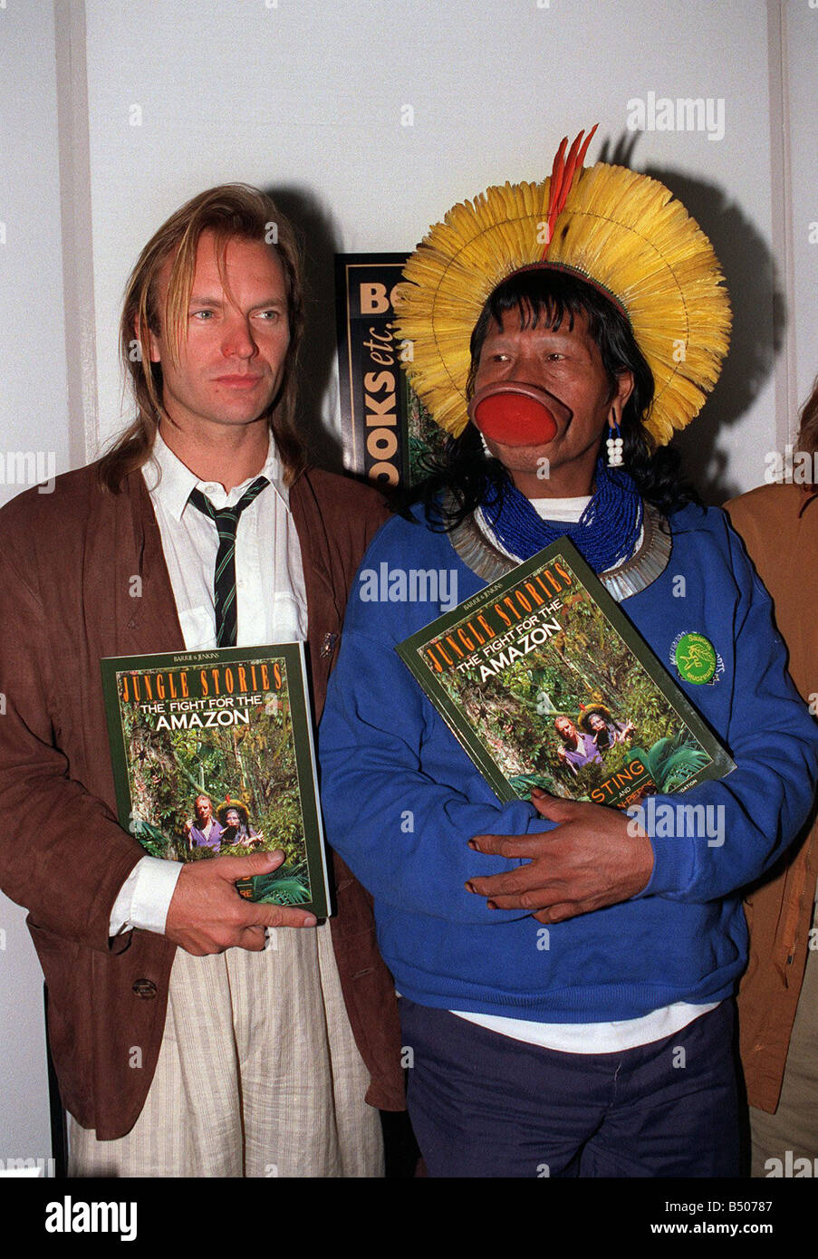 Sting with Raoni a Kayapo Indian Chief April 1989 at news press conference to promote the book Jungle Stories The Fight For The Stock Photo