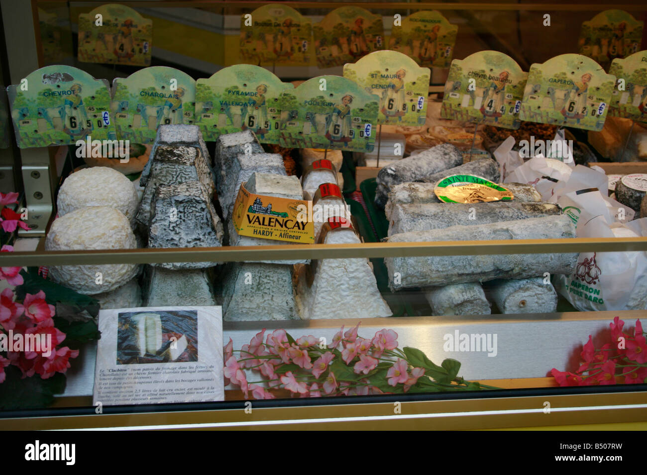 Various cheeses on display in a cheese shop in Senlis Stock Photo