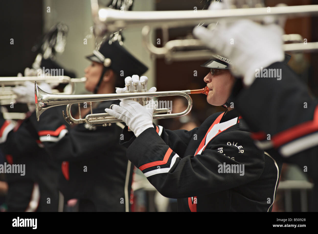 Close up of trumpet players as University of Findlay marching band moves up Fifth Avenue in 2008 Columbus Day Parade New York Stock Photo