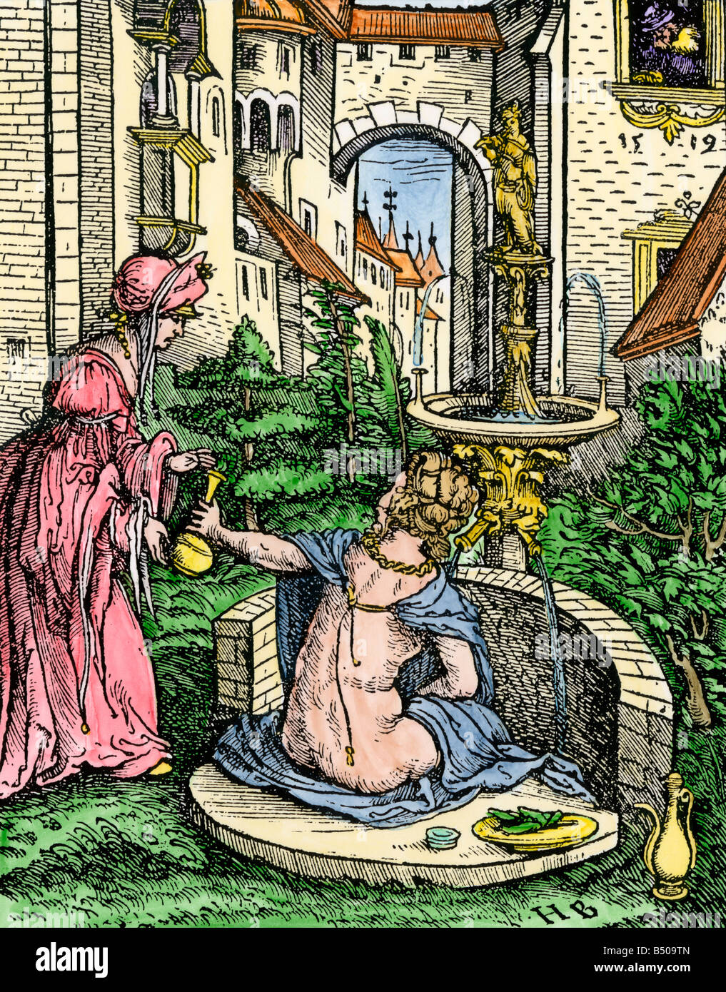 European garden of about 1515 represented as Bathsheba bathing. Hand-colored woodcut Stock Photo