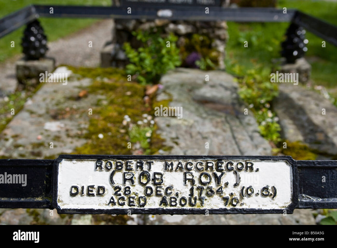 Sign on Rob Roy's grave. Scotland Stock Photo