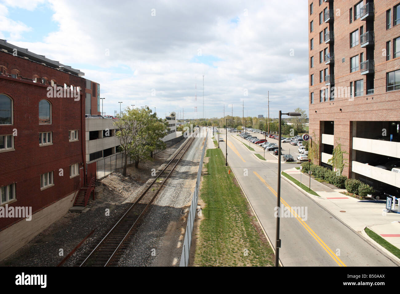 Parallel rail track and road Columbus Ohio USA Stock Photo Alamy