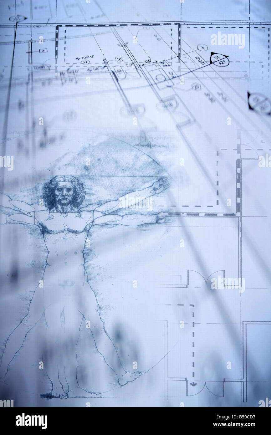 Design and engineering concept with blueprints and Da Vinci's Vitruvian Man. Stock Photo