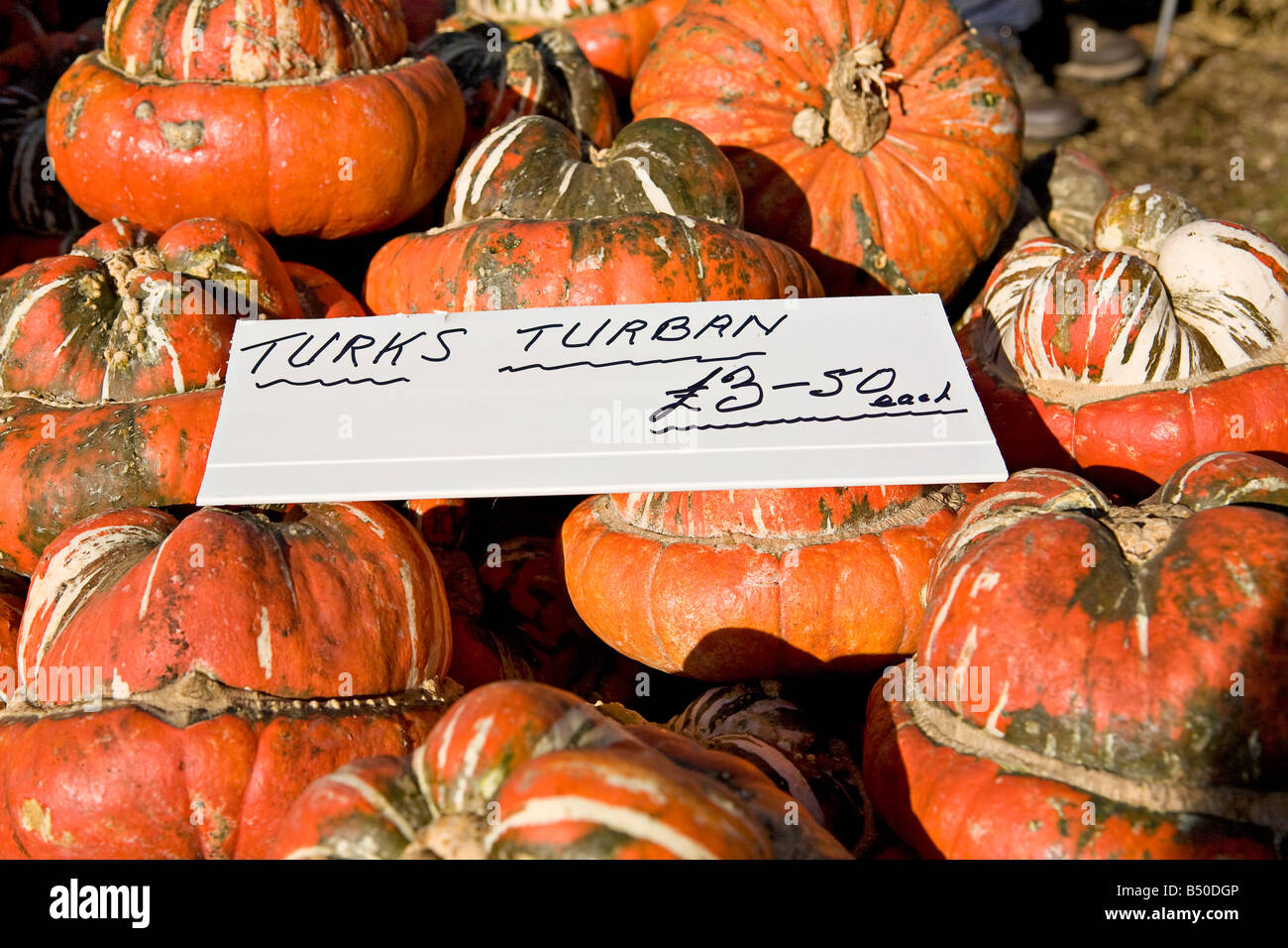 Turk's Turban pumpkins (Cucurbita maxima 'Turban') on sale in Autumn. UK Stock Photo