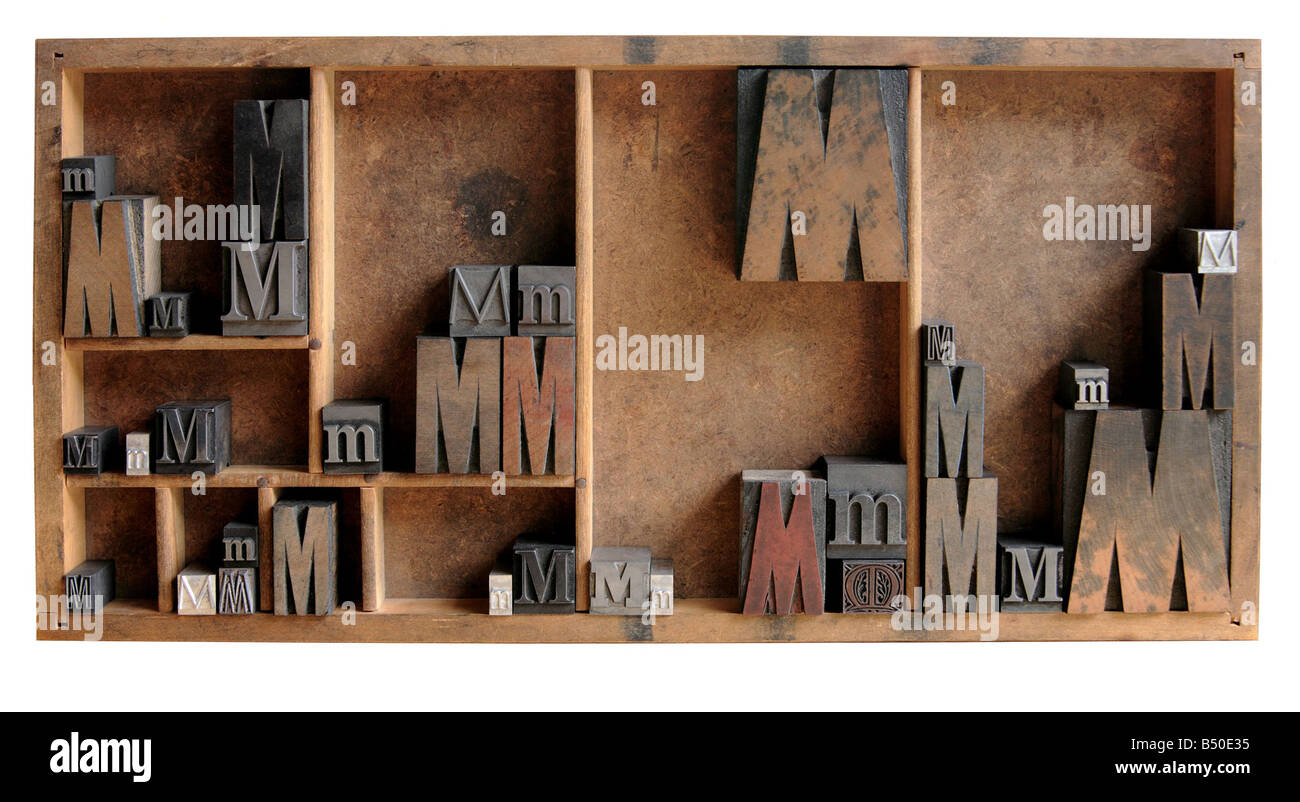 the letter M in upper and lower case and different fonts, both serif and san serif, all in a wood type case Stock Photo