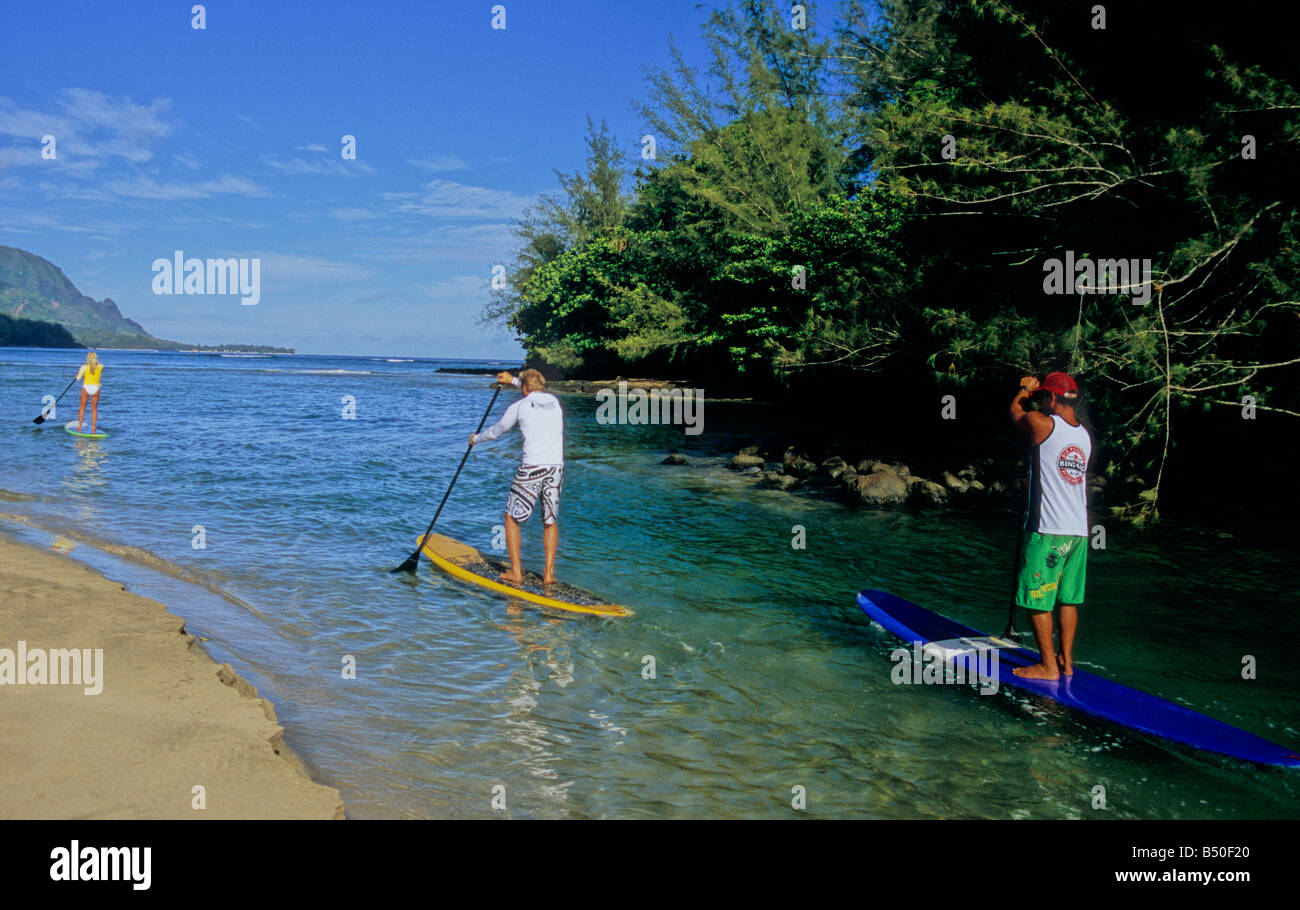 Paddle boarders go from mouth of Hanalei River into Hanalei Bay on
