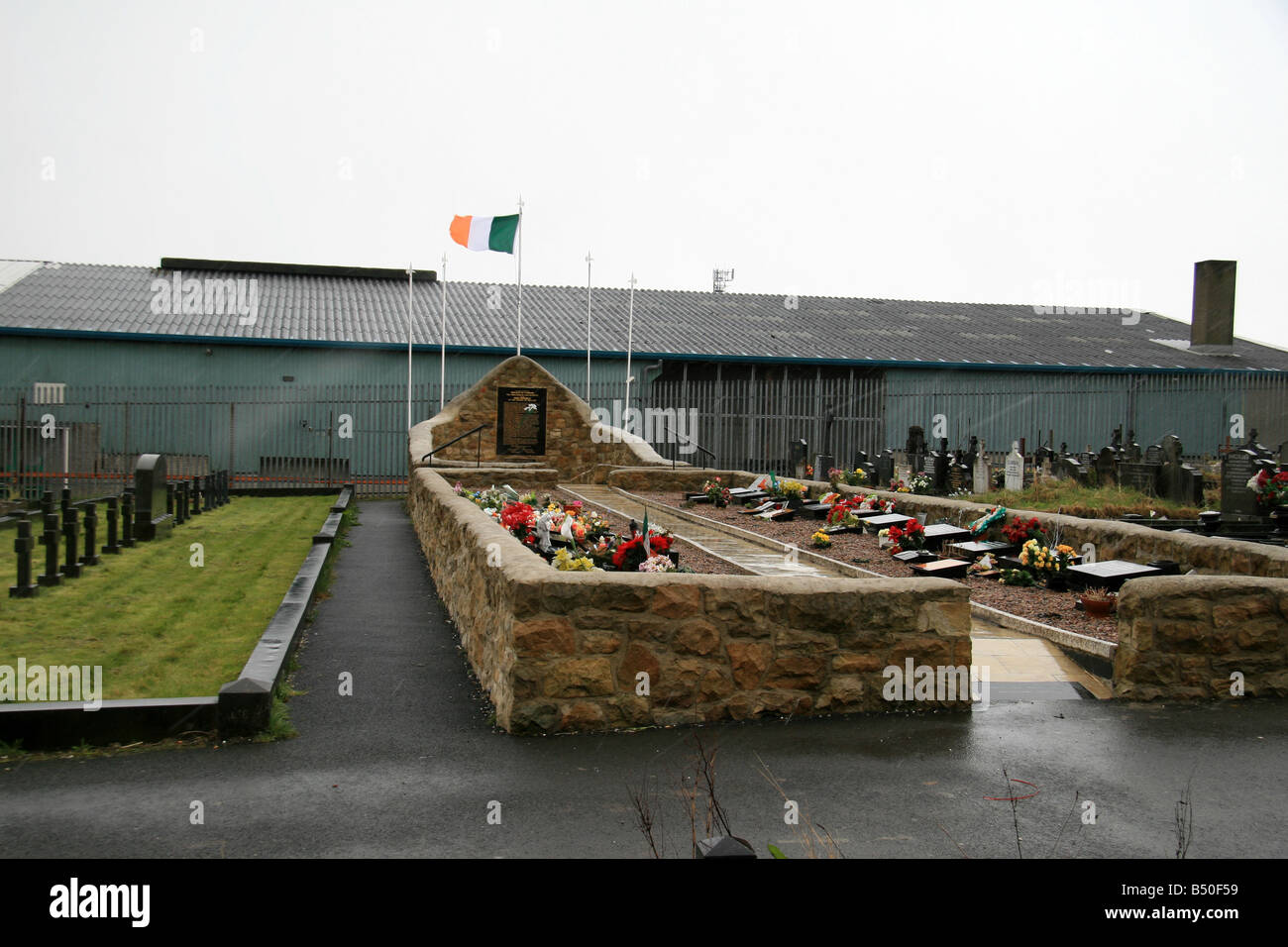 The Republican Plot in the Catholic Milltown Cemetery, Falls Road, Belfast on a rain and wind swept winter afternoon. Stock Photo