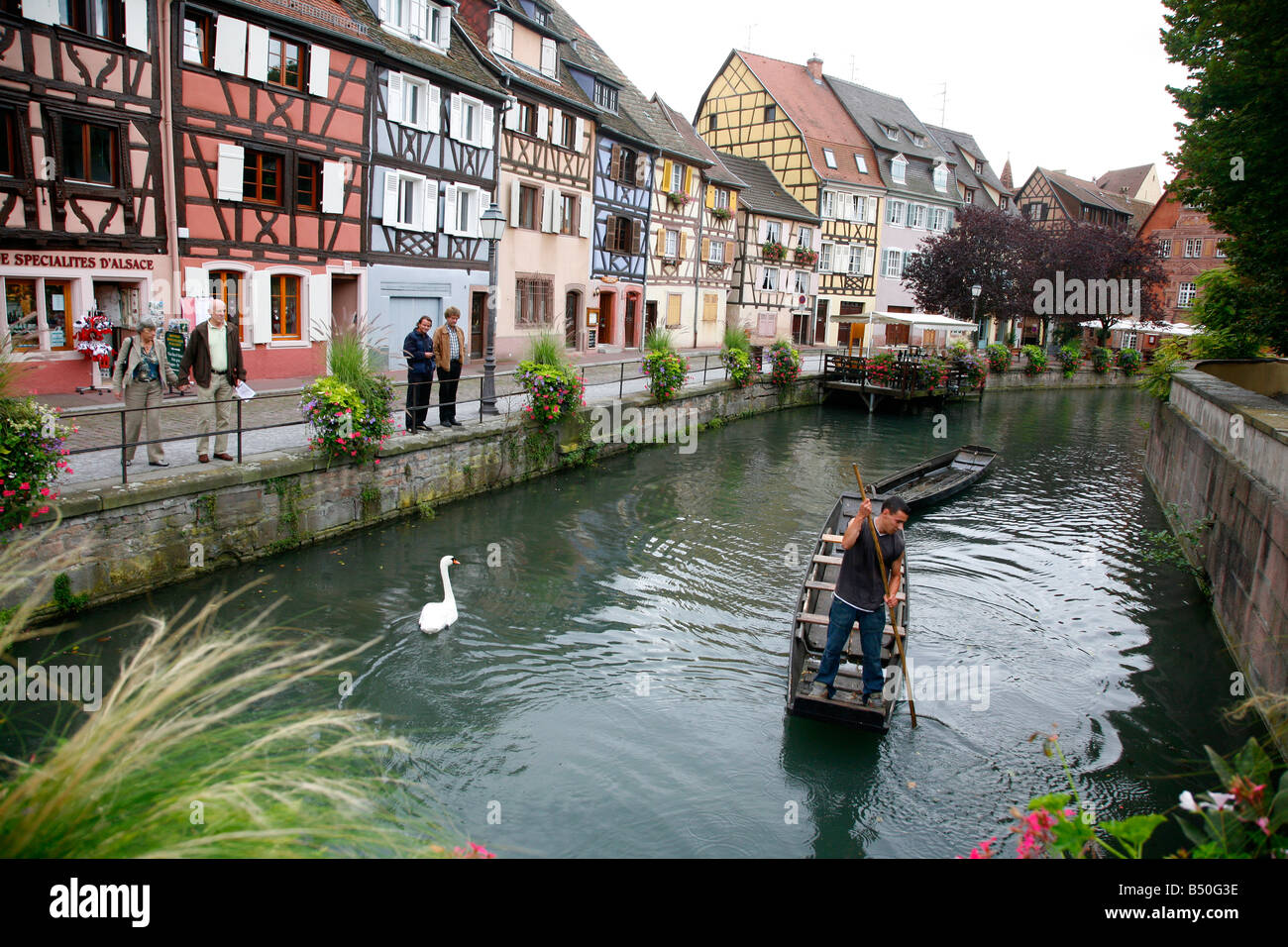 Sep 2008 Water canal and colorful half timbered houses on quai de la Poissonnerie street in Petite Venise Colmar Alsace France Stock Photo