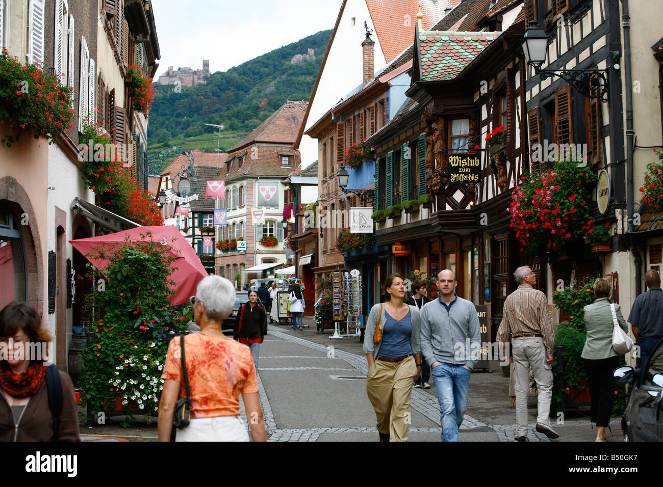 Sep 2008 Street scene in Ribeauville village Alsace France Stock Photo
