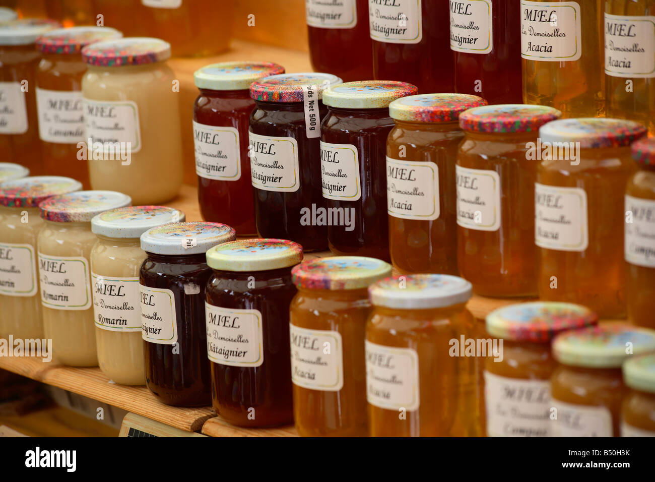 Jars of jam and marmalade on sale at a market in Salon de Provence Stock Photo Alamy