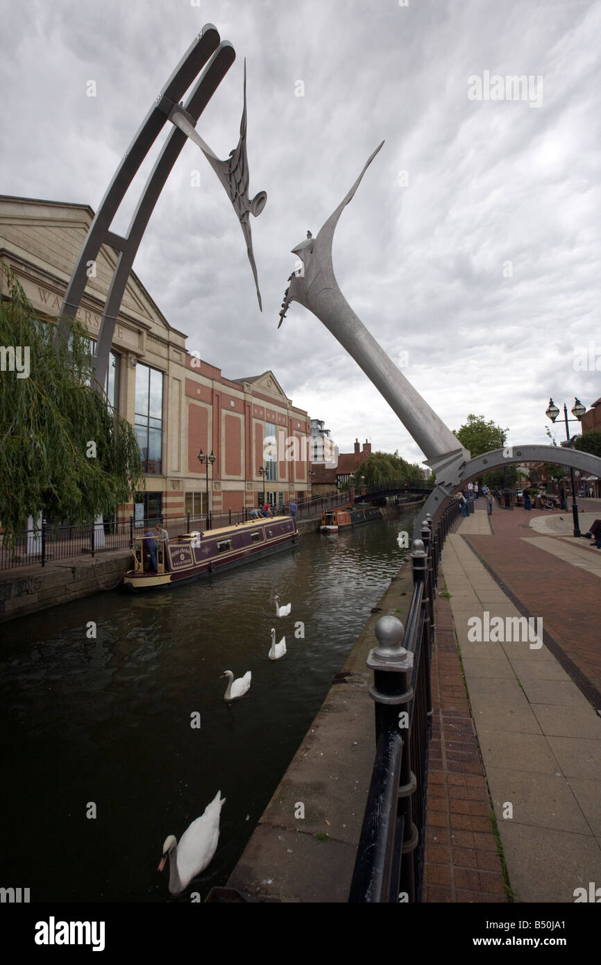 modern statue over the canal in Lincoln city centre Waterside