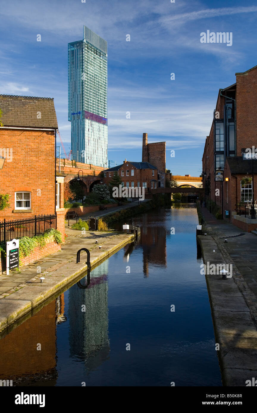 Rochdale canal lock 92 Dukes lock with view to Beetham tower Manchester