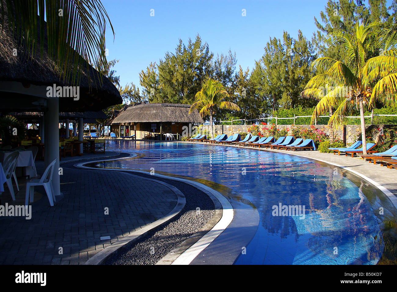 Swimming pool and restaurant at Indian Resort Hotel, SW Mauritius Stock