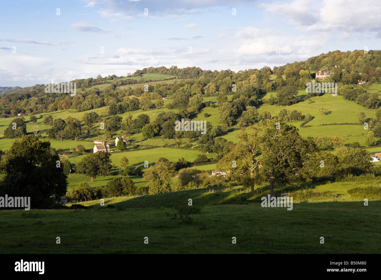 The Cotswold scarp rising from church to Grange
