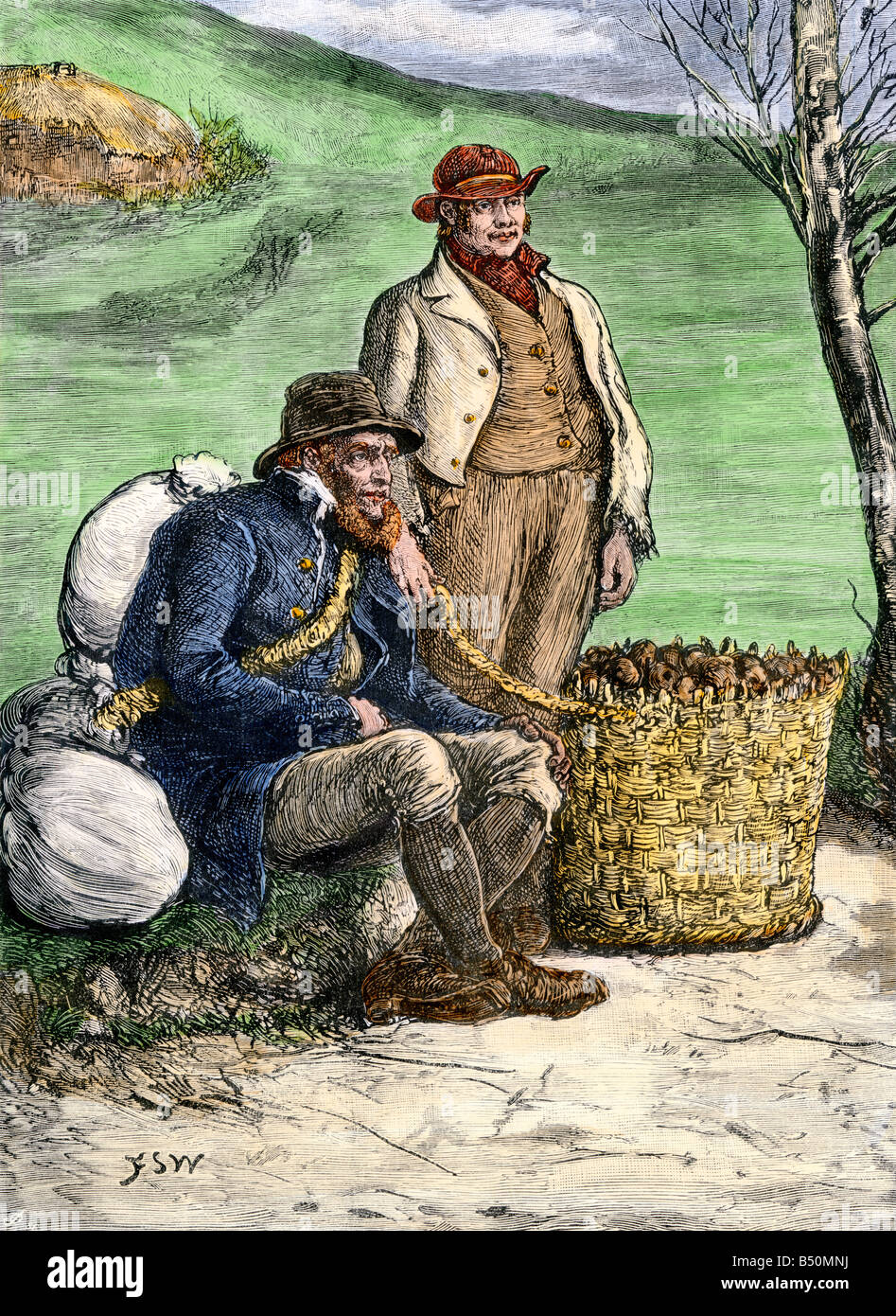 Irishmen carrying home seed potatoes from England to replant crops 1800s. Hand-colored woodcut Stock Photo