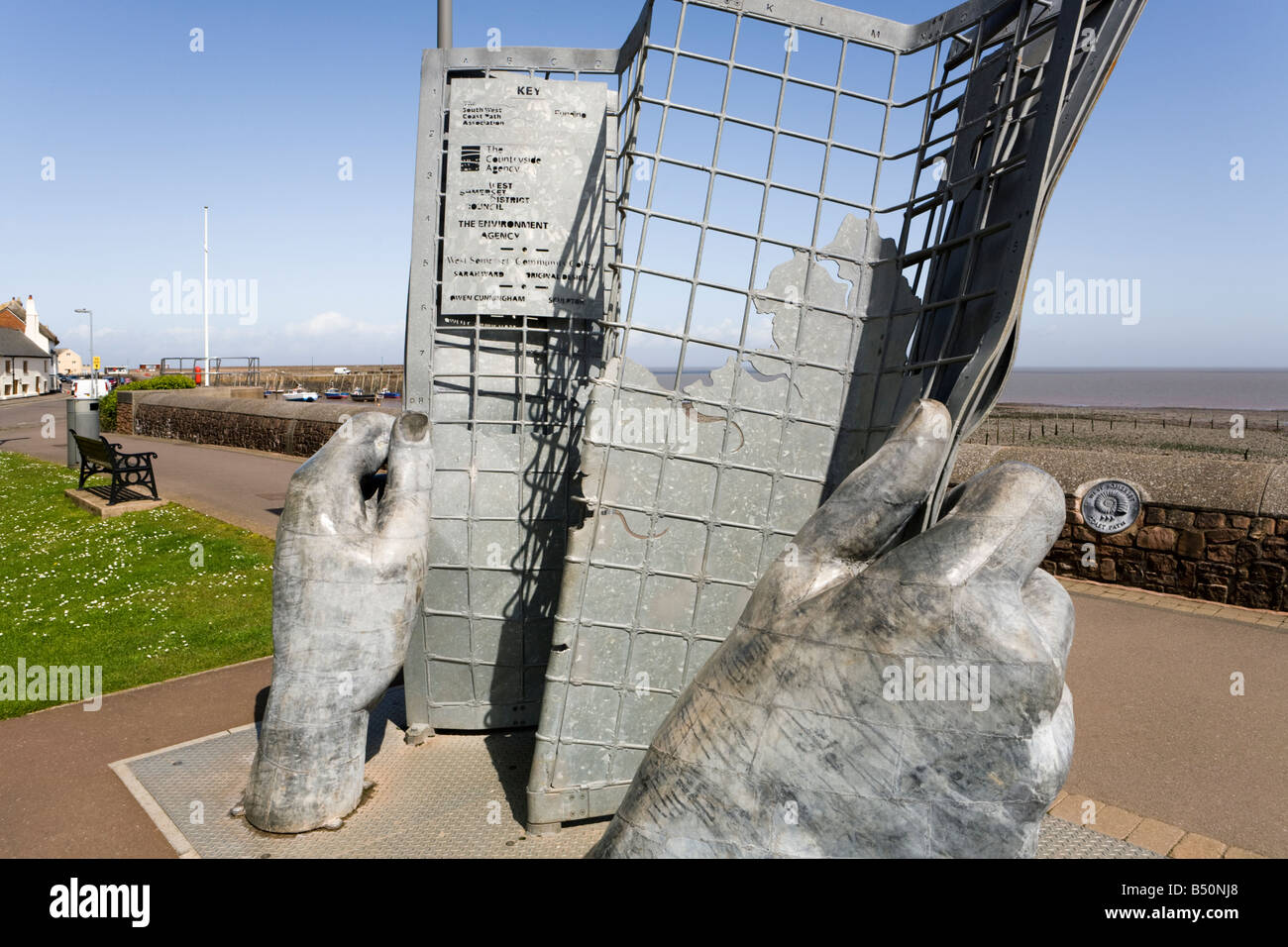 Sculpture marking one end of the South West Coast Path National Trail on the seafront at Minehead, Somerset UK. Stock Photo