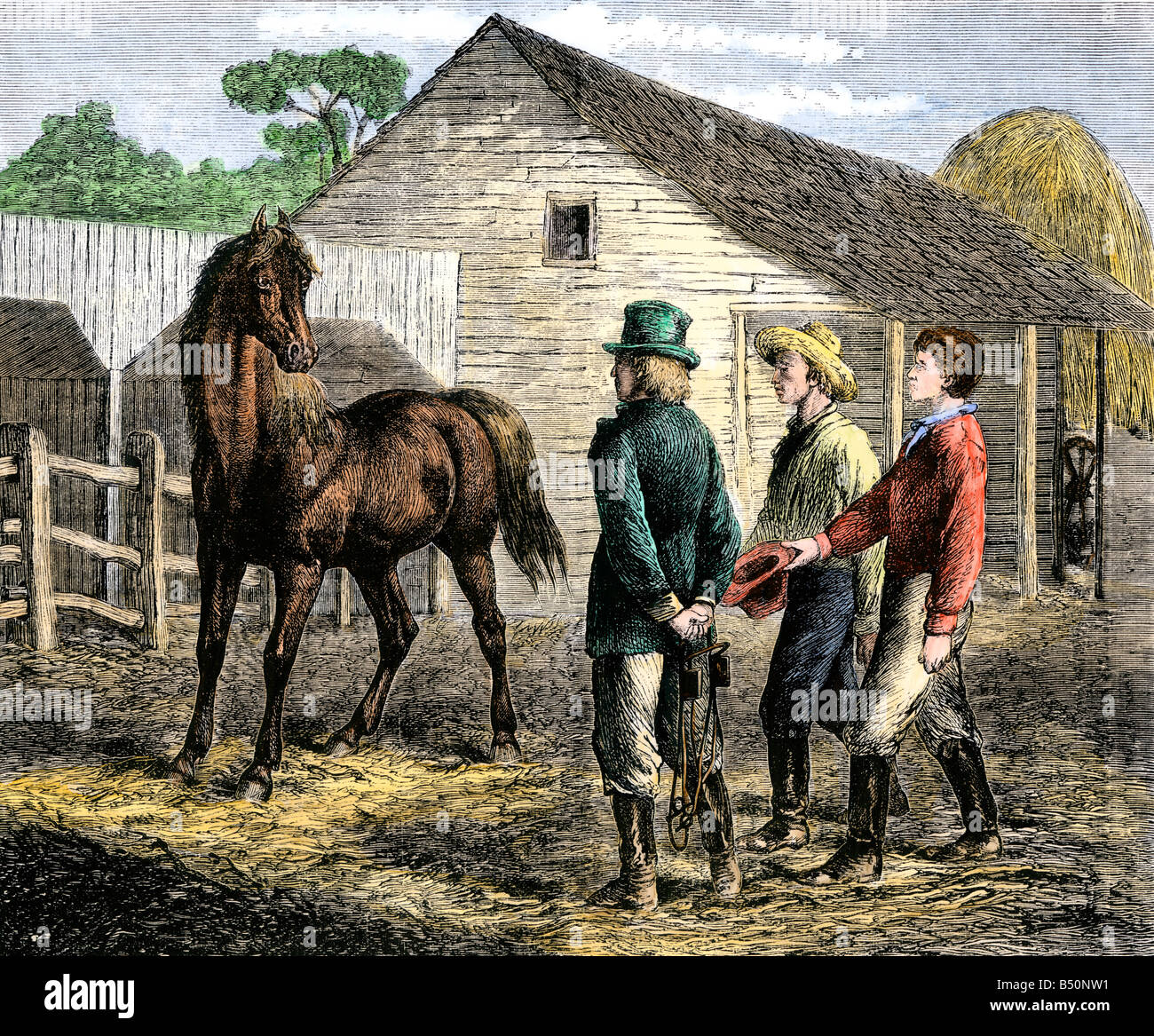 Men trying to bridle a wary horse in a barnyard 1800s. Handcolored