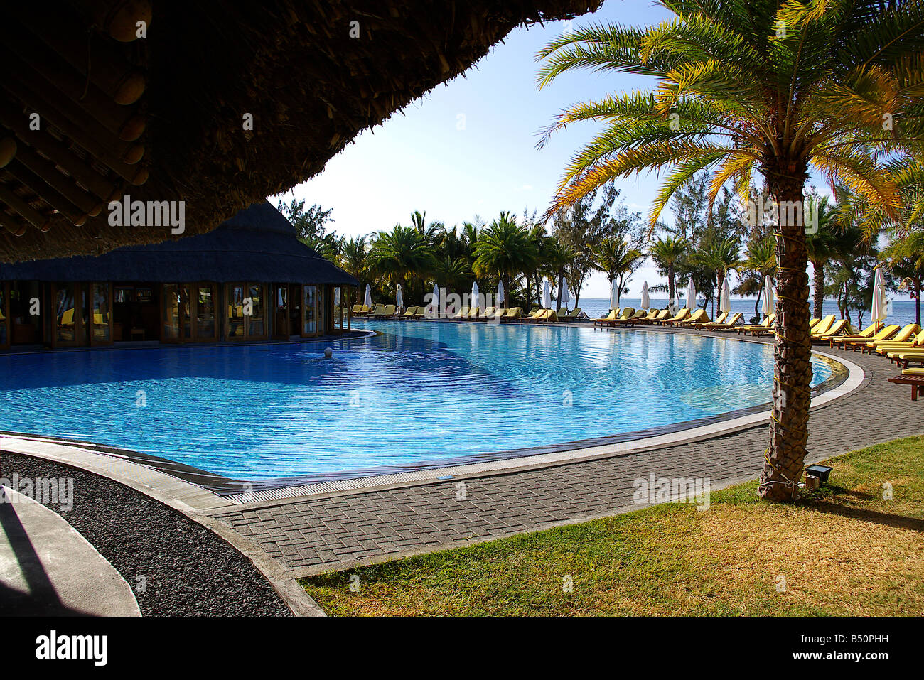 A beautiful crescent shaped swimming pool and restaurant with a