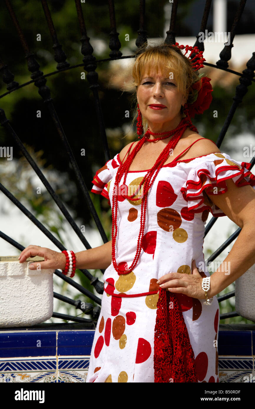 Beautiful blond middle aged Spanish woman in traditional costume, Andalucia, Spain, Europe, Stock Photo