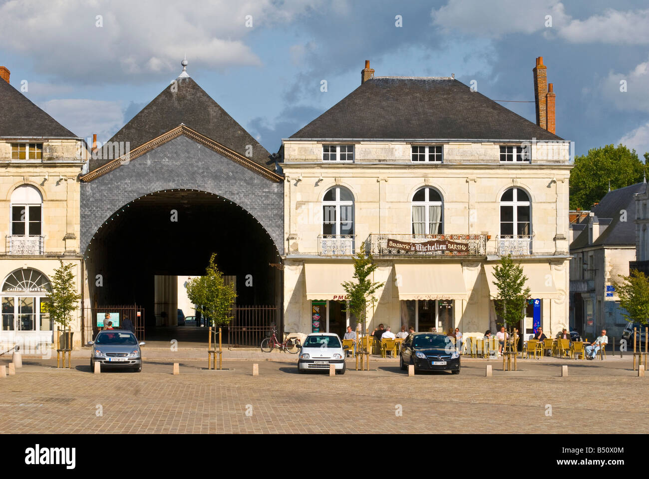 Town square and Market Hall, Richelieu, Indre-et-Loire, France. Stock Photo