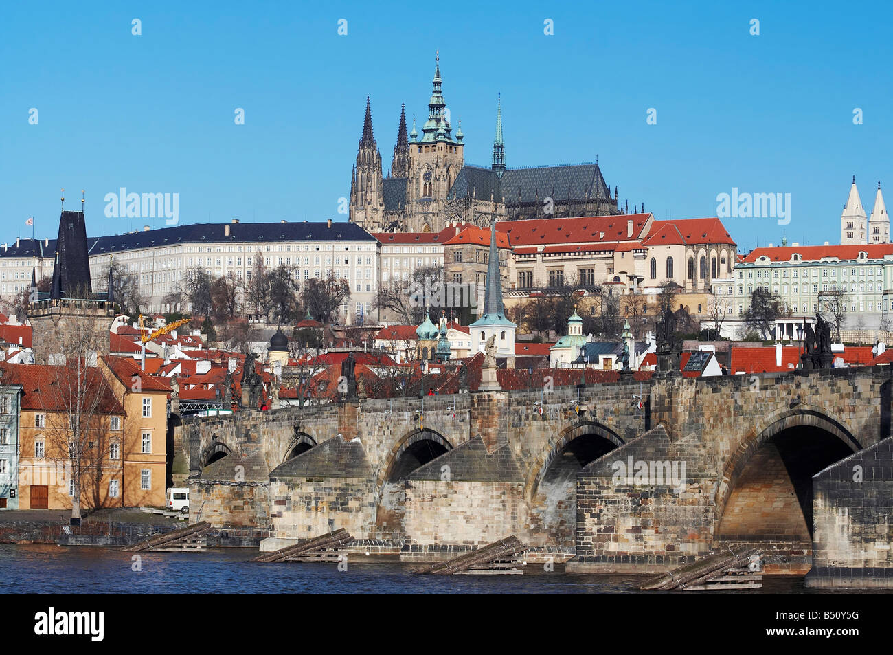 Hradcany - cathedral of St Vitus, Prague castle and Charles bridge Stock Photo