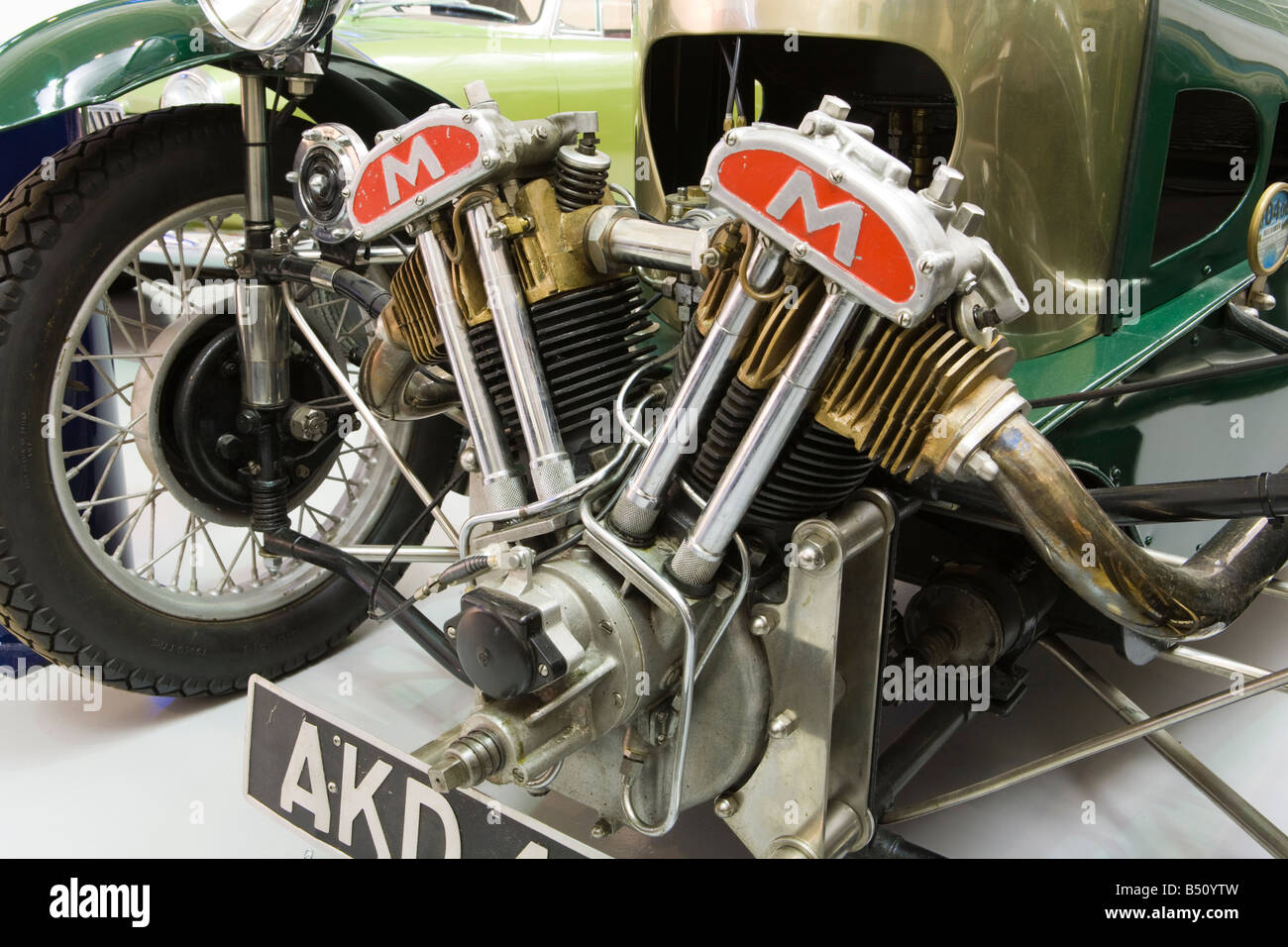 The engine of a 1935 Supersports Three Wheeler on display at the
