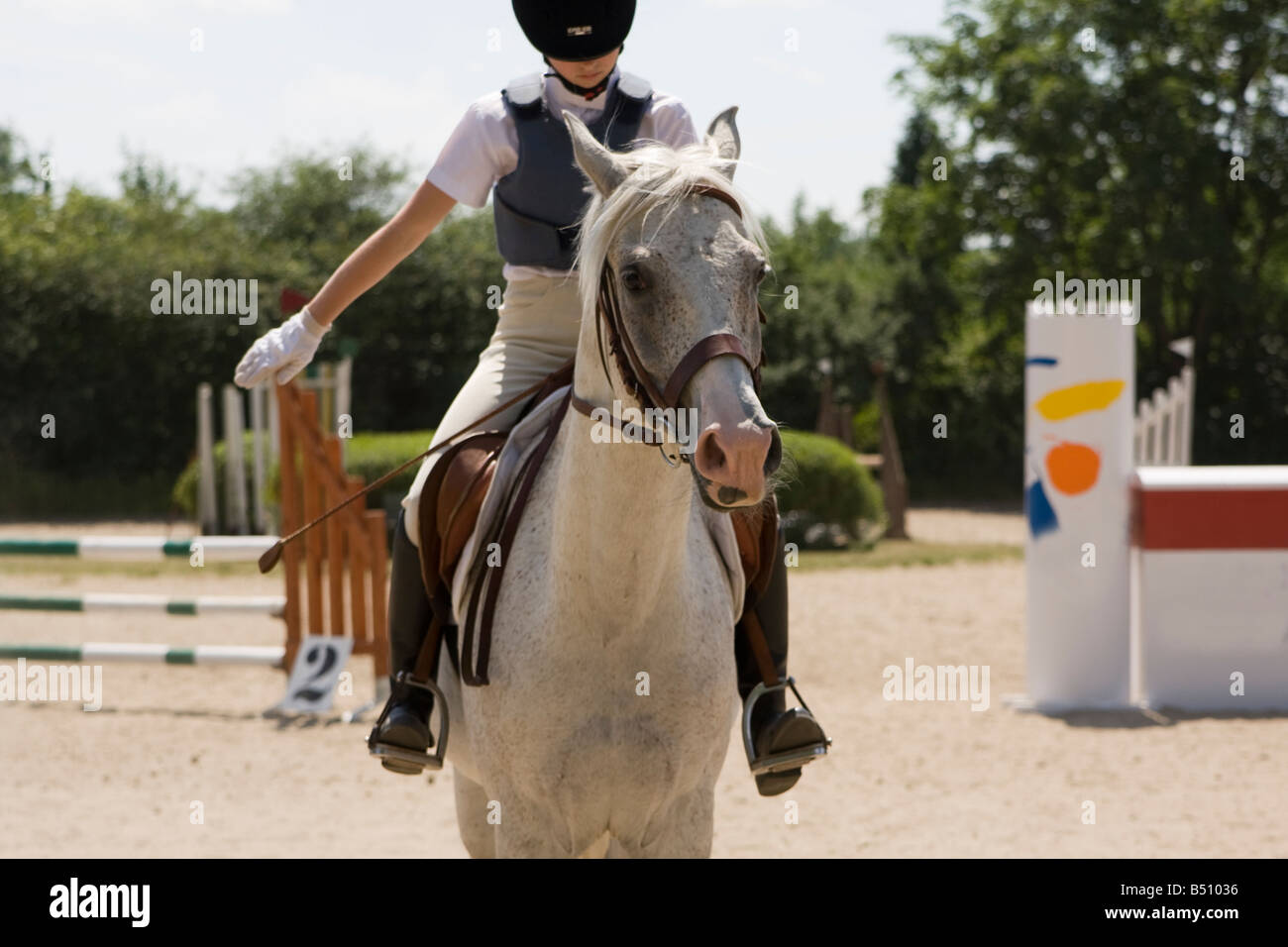 Horse and a young woman before jumping contest Stock Photo