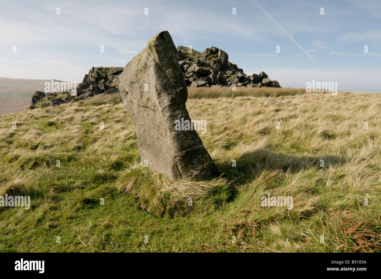 Standing stone at Carn Menyn Carn Meini rocky bluestone outcrop Pembrokeshire south west wales autumn afternoon, UK Stock Photo
