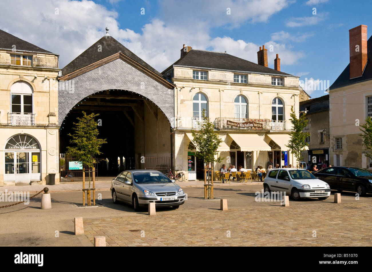 Town square and Market Hall, Richelieu, Indre-et-Loire, France. Stock Photo