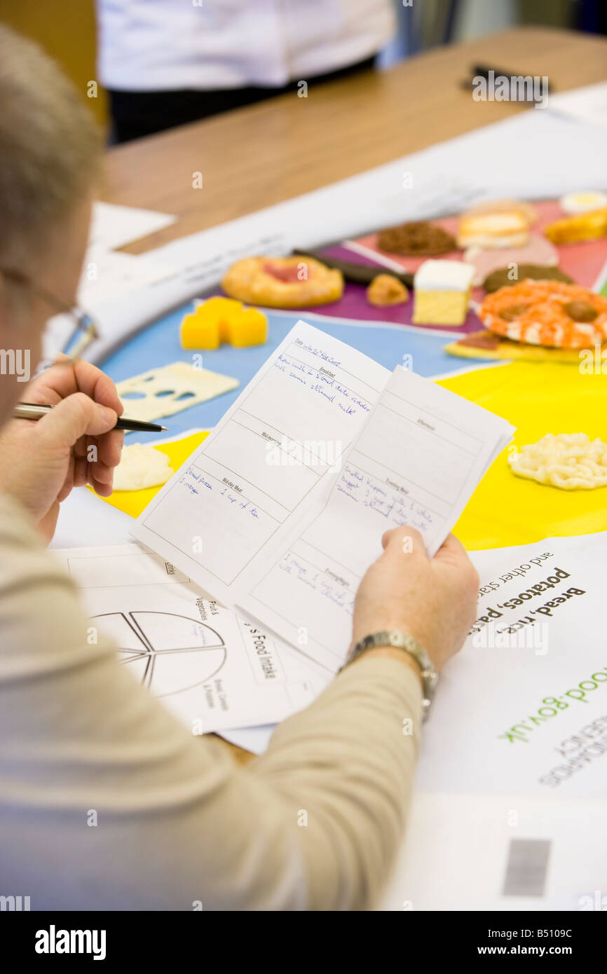 nurse using a pie chart to teach food groups in a healthy eating class Stock Photo