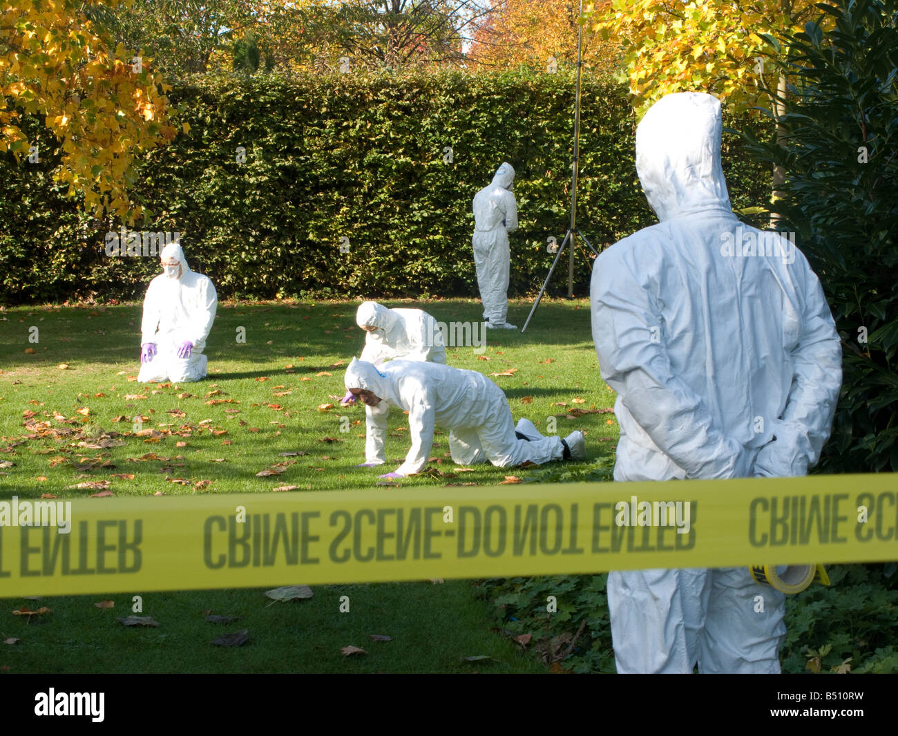 A piece of contemporary art in the form of a mock-up of a crime scene at the Frieze art fair 2008. Stock Photo