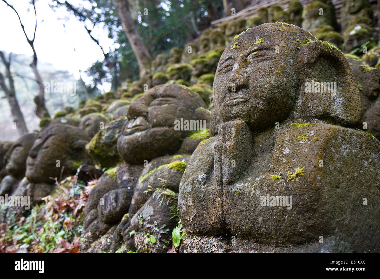 Stone carved statues at Otagi Nenbutsu, Arashiyama, Kyoto Japan Stock