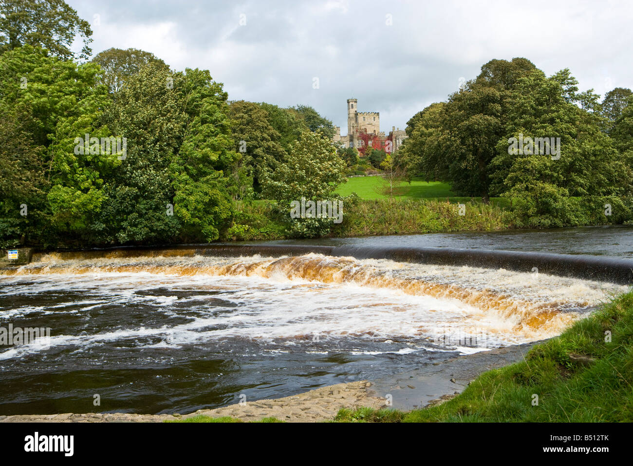 The private castle at Hornby in Lancashire with River Hodder in the foreground Stock Photo