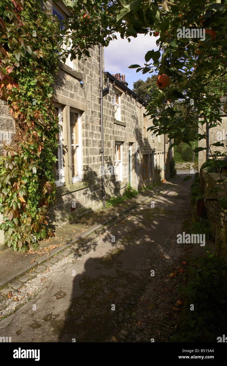 On a sunny October day, a row of traditional stone-built cottages at Hebden, North Yorkshire Stock Photo