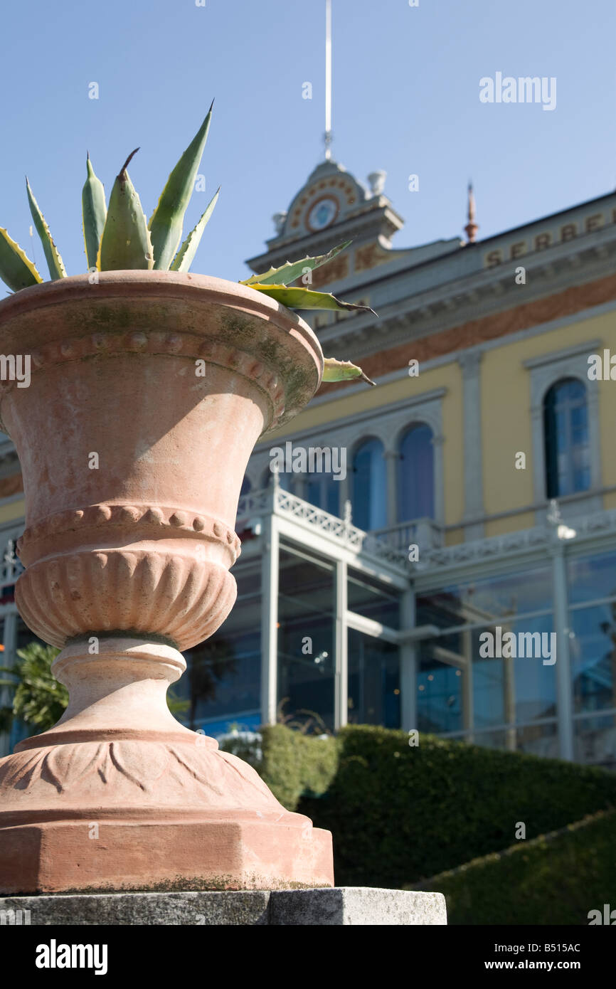 Grand Hotel Villa Serbelloni Bellagio, Lake Como, Italy. focus on the clay vase in the front Stock Photo