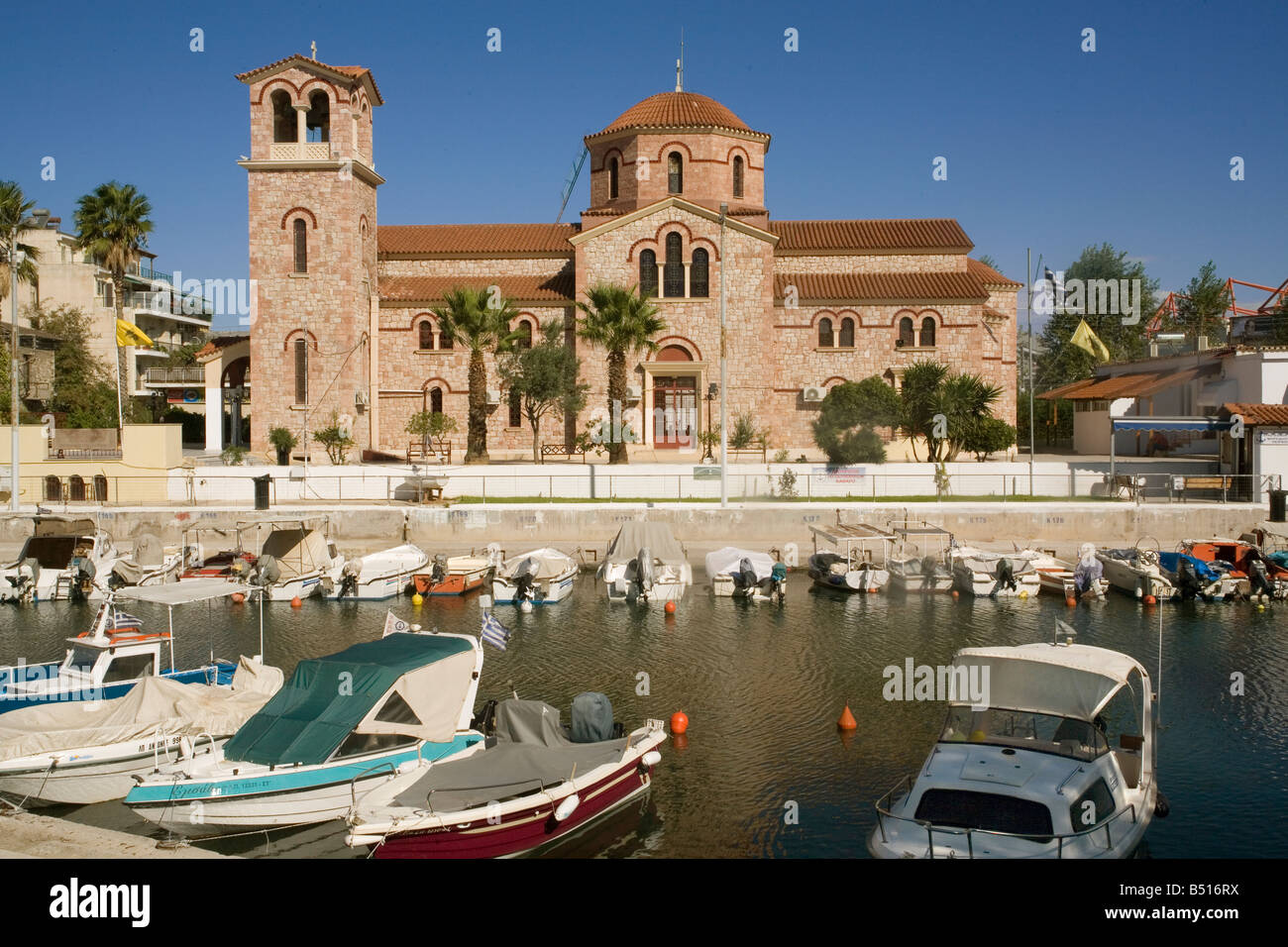 Greece Piraeus church & canal by Dolphinarium Stock Photo