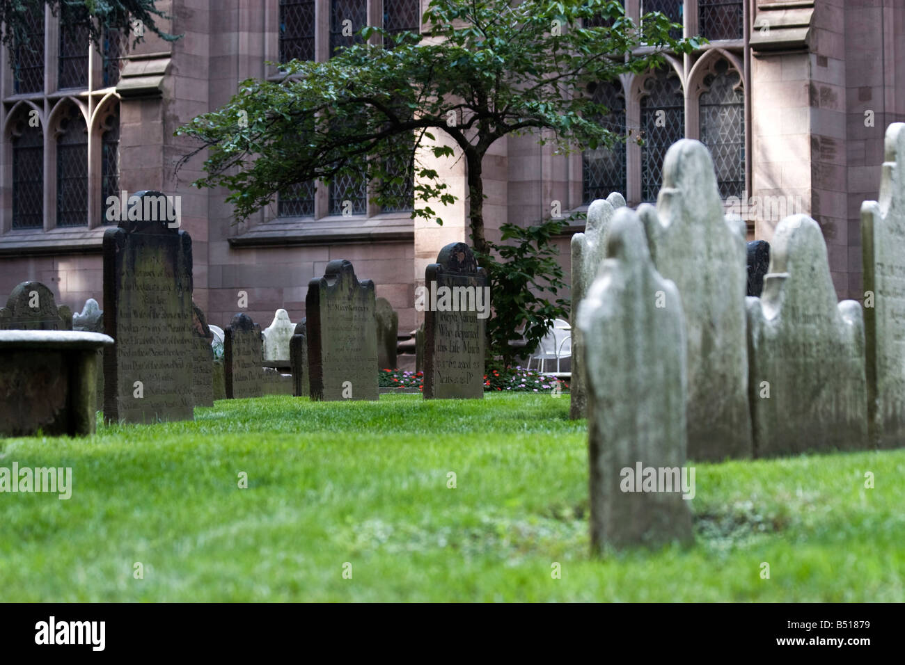 Graves are seen at the Trinity Church Cemetery, next to Trinity Church, in downtown New York. Stock Photo