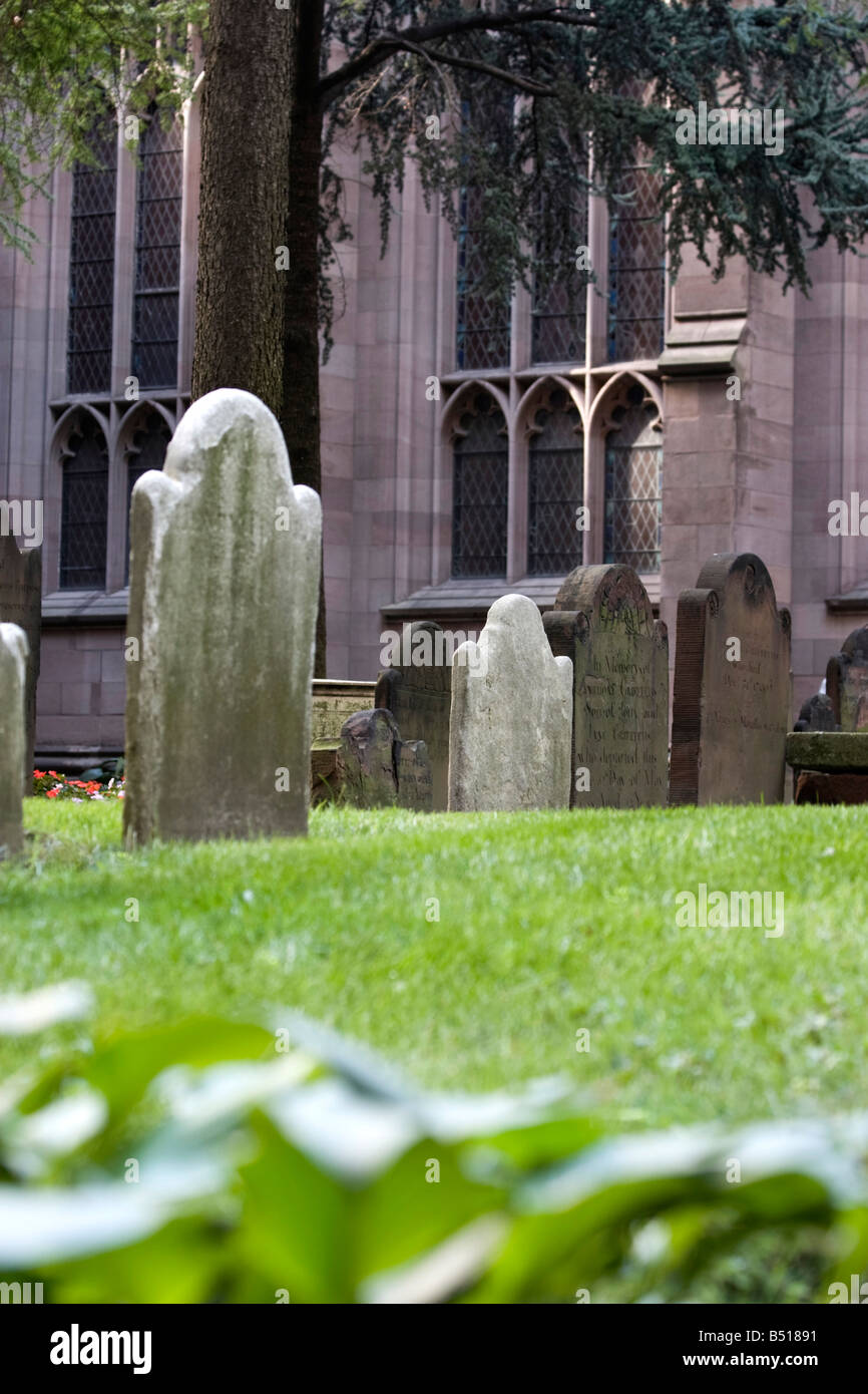 Graves are seen at the Trinity Church Cemetery, next to Trinity Church, in downtown New York. Stock Photo