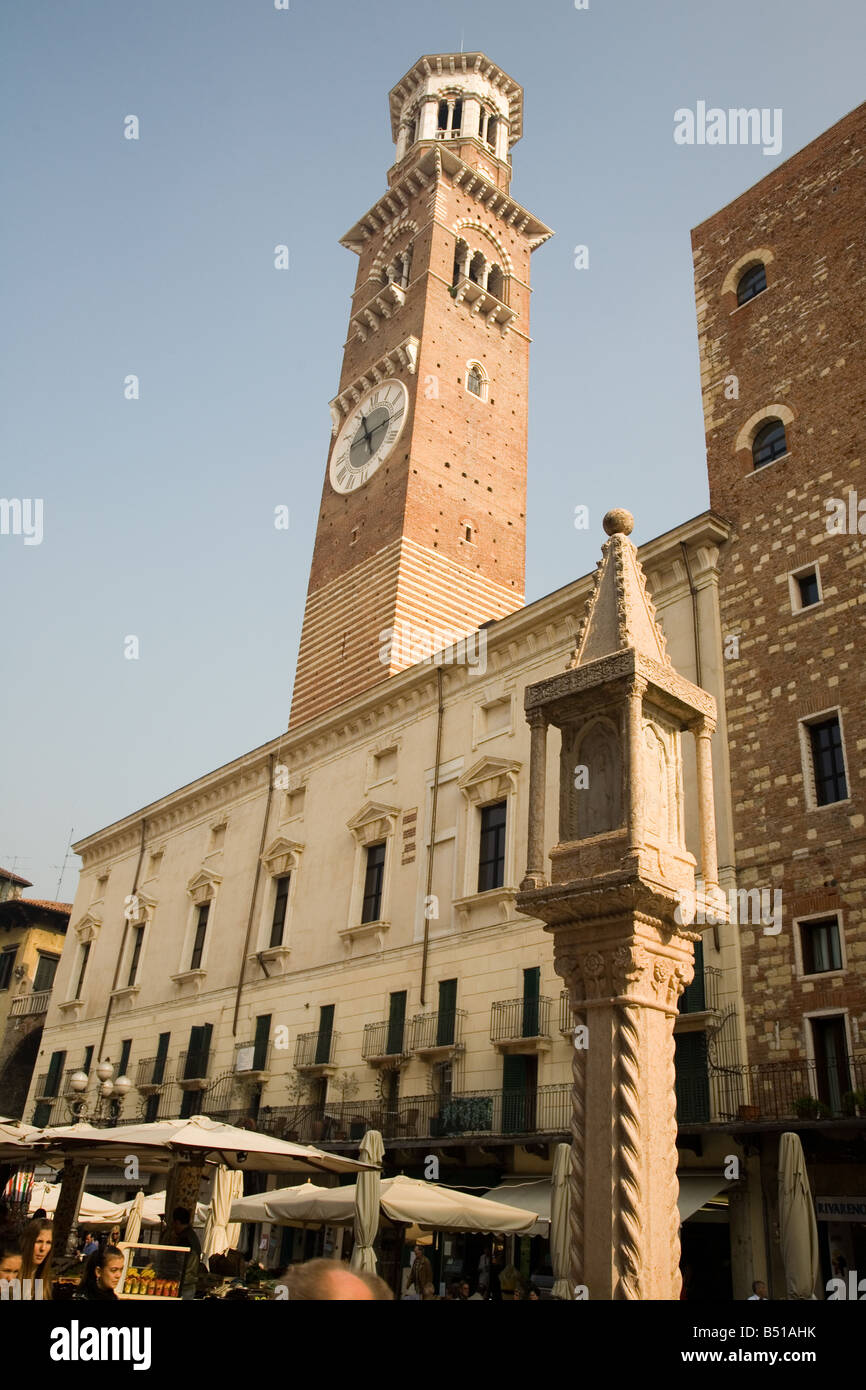 Piazza delle Erbe with the Gardell Tower in Verona, North Italy Stock Photo