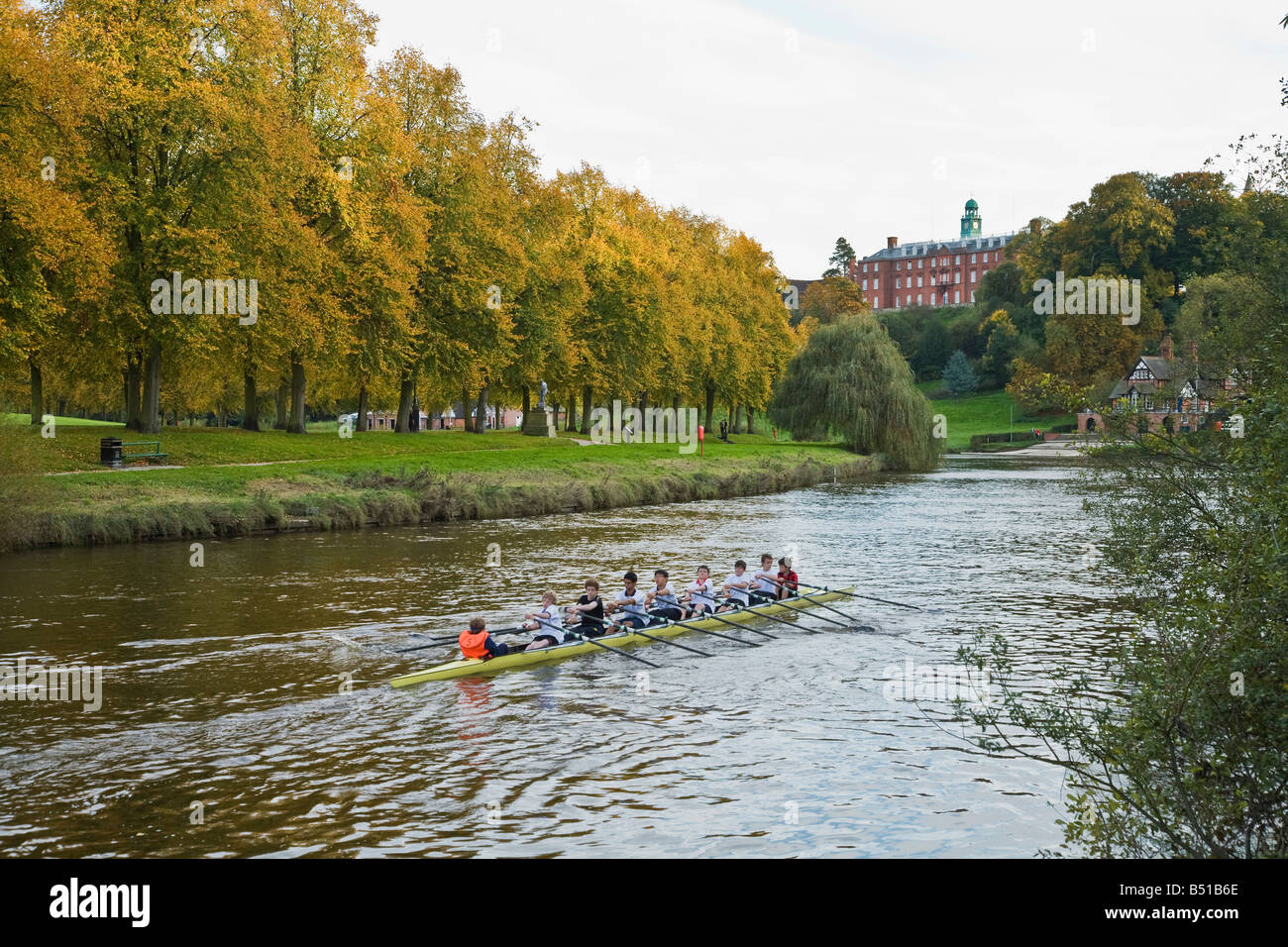 Boys from Shrewsbury School rowing on the River Severn in the Quarry