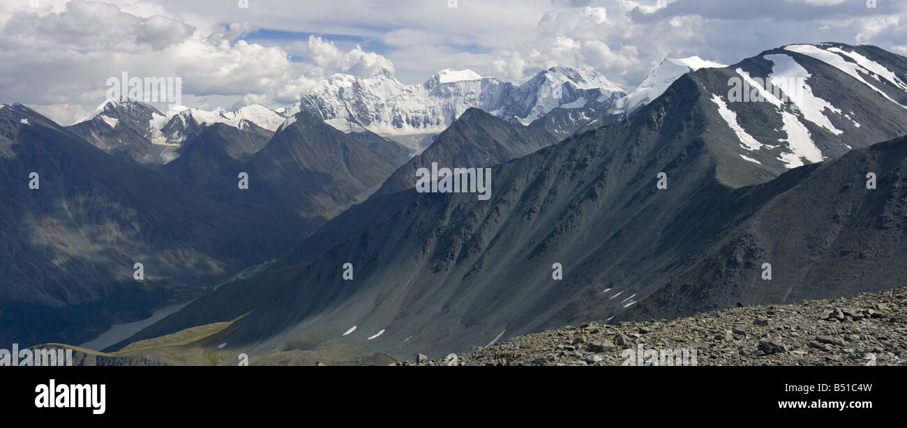 Panoramic view on mt. Belukha (4 506 m or 14 784 ft) and Akkem (Ak-Kem) lake, Altai, Russia Stock Photo