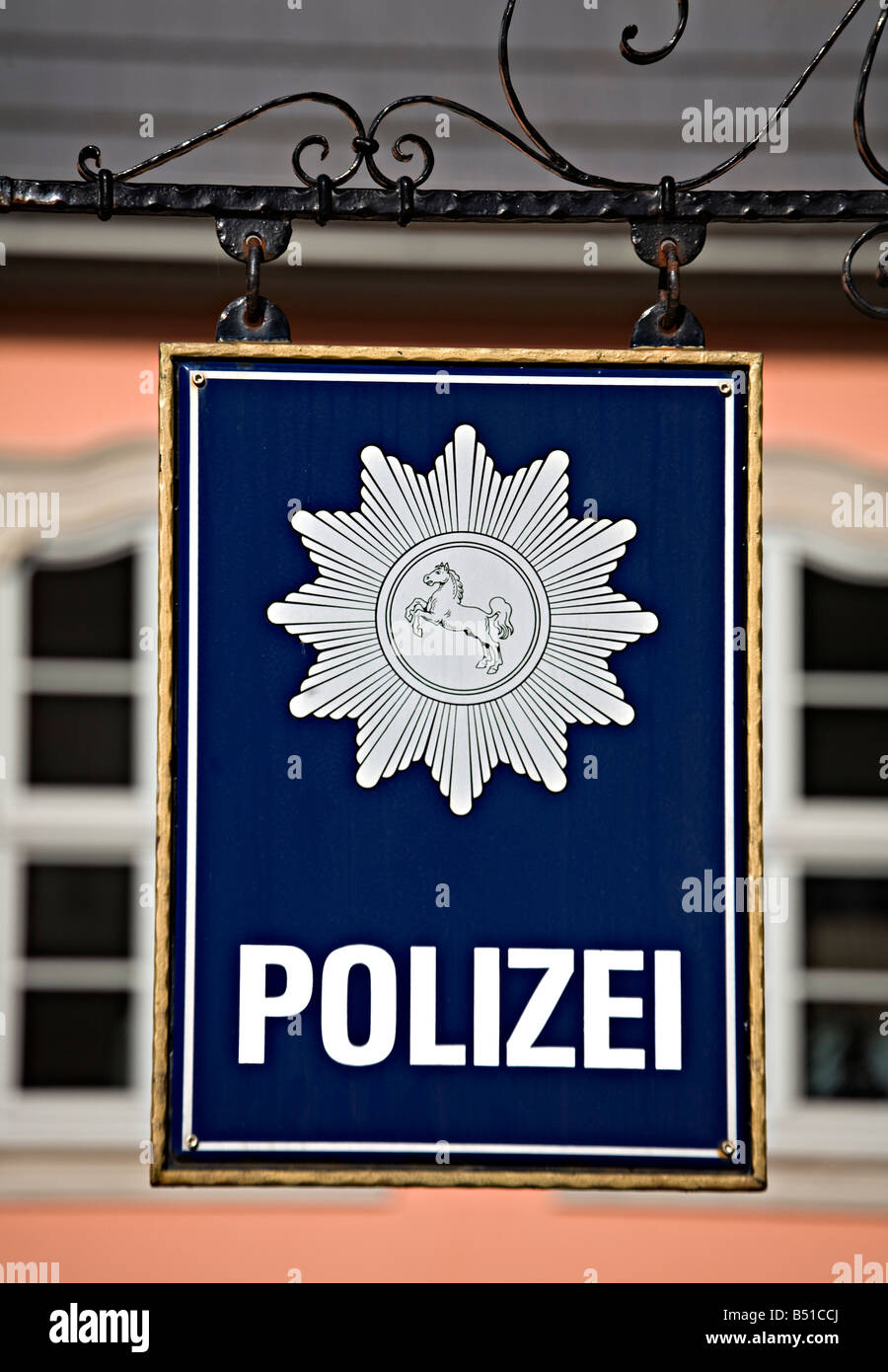 Old police Polizei station sign Hamelin Germany Stock Photo