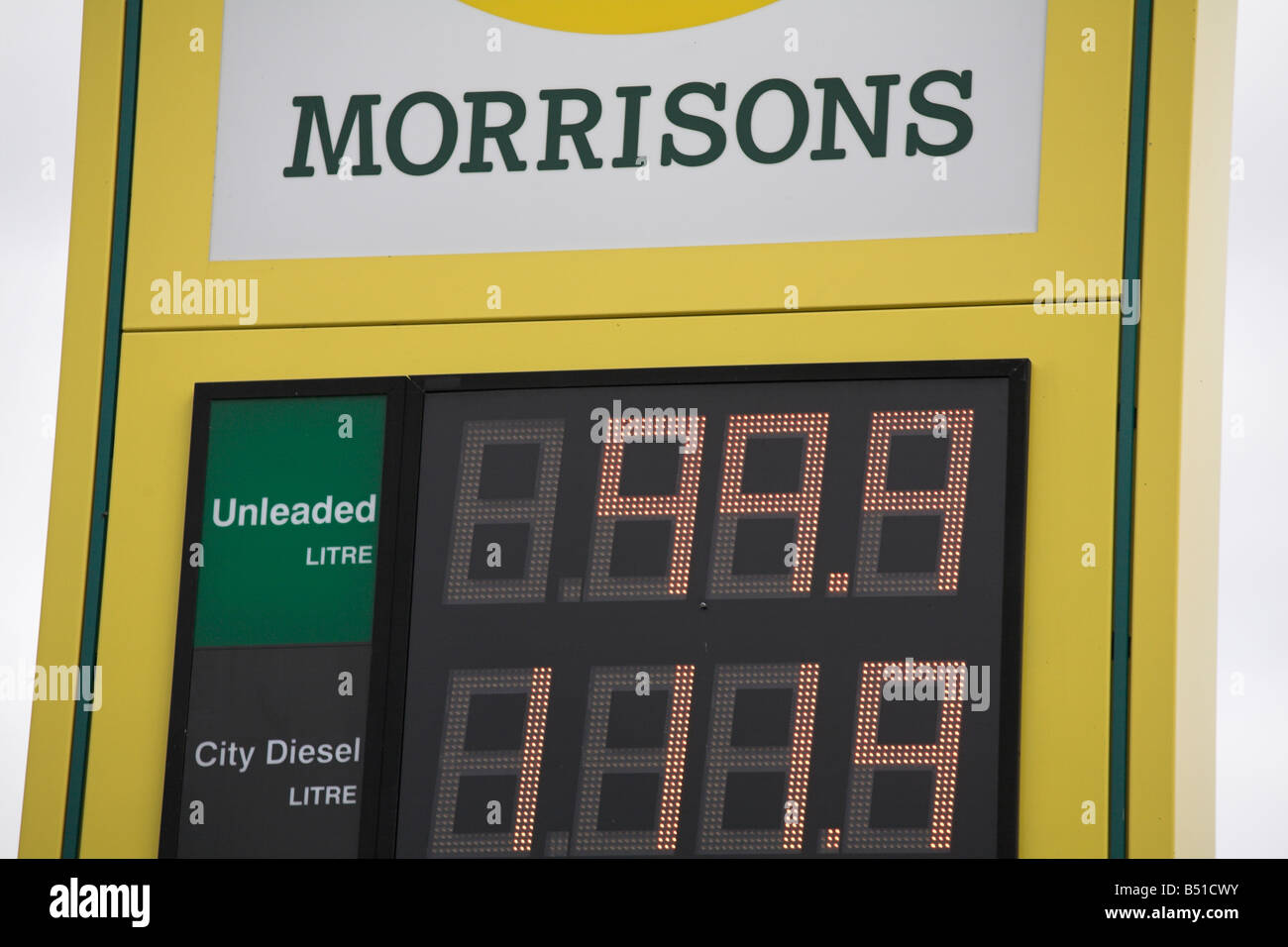 Petrol prices dip below a pound per litre at Morrisons filling station Stock Photo
