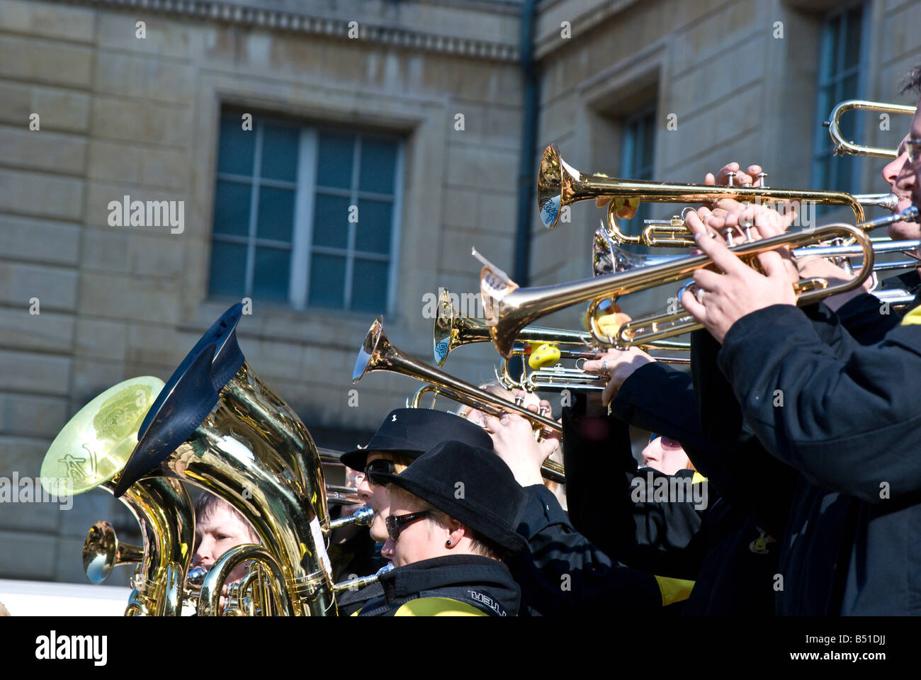 Brass section of the Dunnere Pflotscher Guggenmusik marching band at the Fete des Vendanges Stock Photo