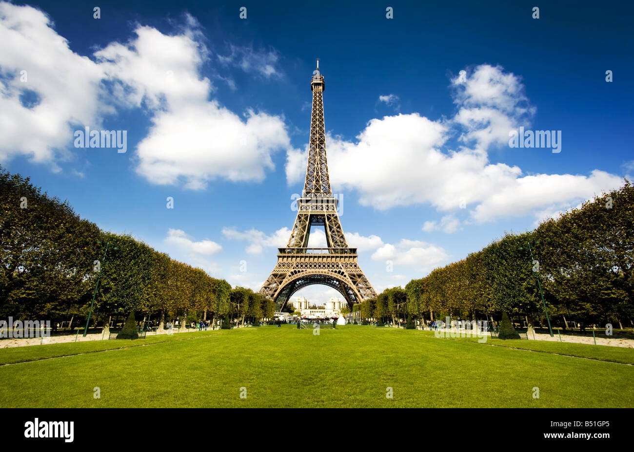 Beautiful photo of the Eiffel tower in Paris with gorgeous colors and wide angle central perspective Stock Photo