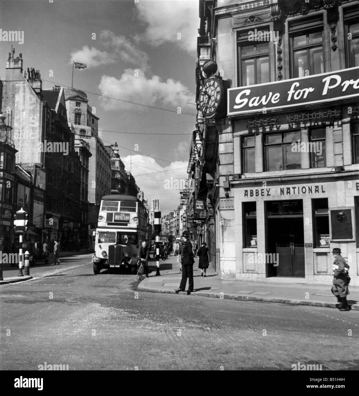 Ludgate Circus, where Edgar Wallace once sold papers; the plaque commemorating him, is seen on extreme right of the Abbey National building circa 1950. P000145; Stock Photo