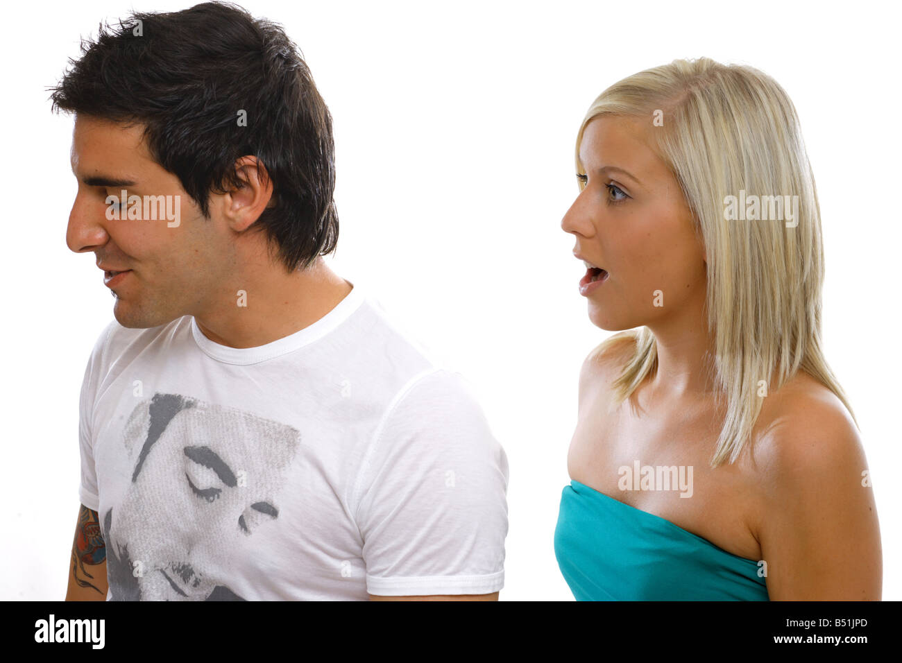 Conversation between young man and young woman Stock Photo - Alamy