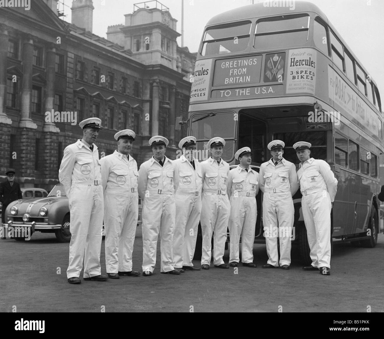 London Bus Tour USA;Group of milkmen stand in front of a London Double  Decker bus.;DM;1/3/1952;C1050/1 Stock Photo - Alamy